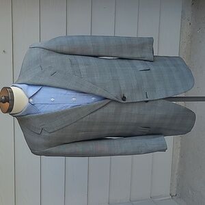 OXXFORD Grey Windowpane‎ Plaid Weave Super 100s Wool 42 R L Mens Sport Coat VTG